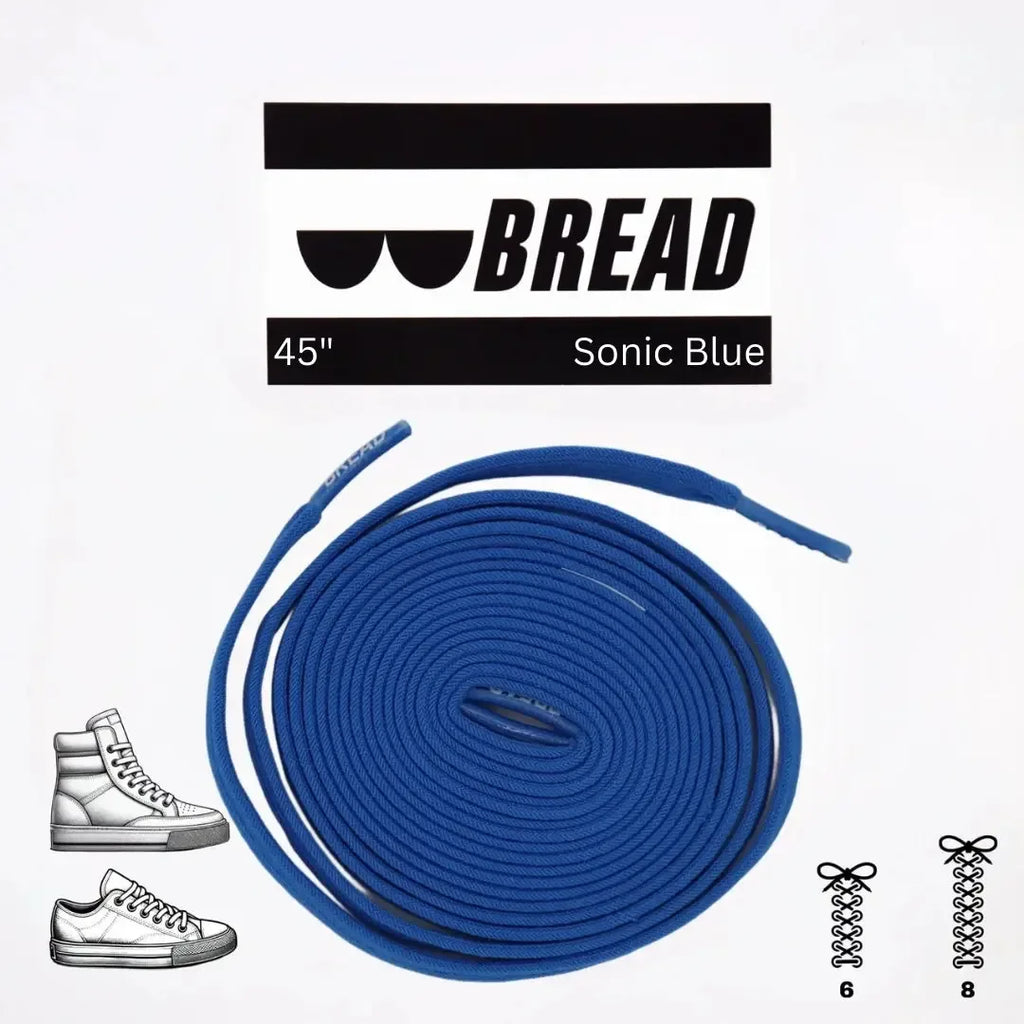 Blue elastic shoelace by Bread, showing the Sonic Blue color and flexible, stretchy material for easy lacing and secure fit.