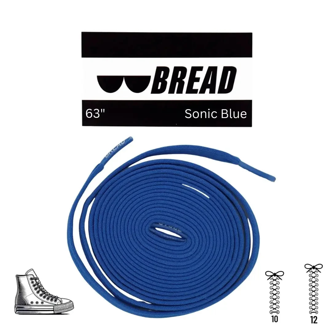 Blue elastic shoelace from Bread's Sonic Blue collection, showing the flexible, durable design and vibrant color.