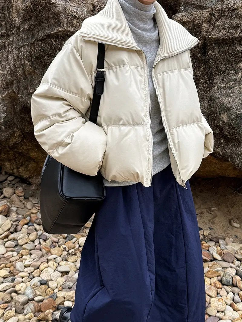 Spliced PU Leather Down Jacket Plush Fashion Hub