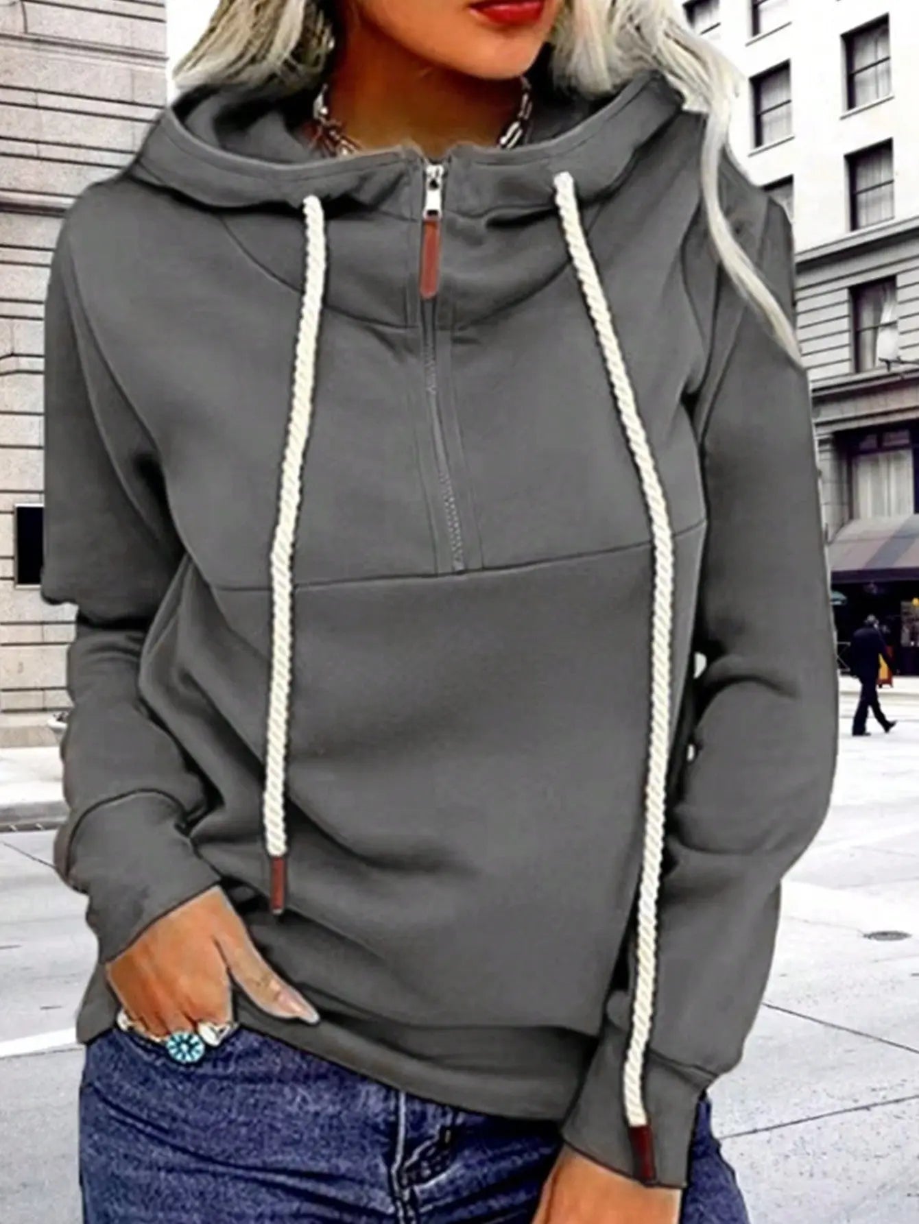 Split Collar Zip-Up Hoodie Sweatshirt - Plush Fashion Hub