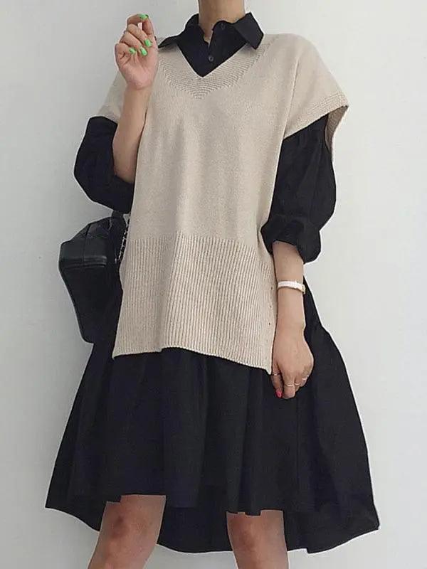 Split Knit Vest + Lapel Long Sleeve Shirt Dress PAINEVIDA