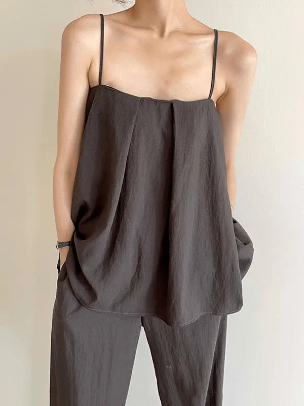 Square Neck Pleated Loose Camisole & Wide Trousers Sets Plush Fashion Hub