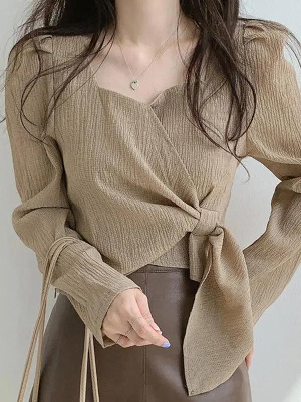 Square Neck Strappy Loose Long Sleeve Shirt PAINEVIDA