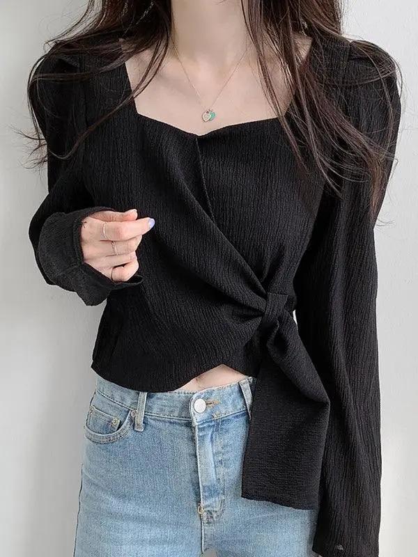 Square Neck Strappy Loose Long Sleeve Shirt PAINEVIDA