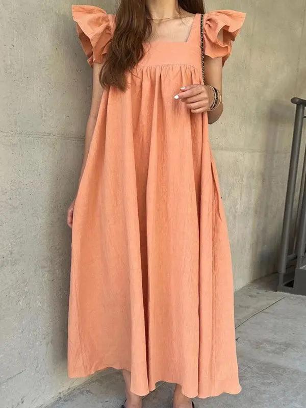 Square Neck and Fungus Trim Paneled Pleated Fly Sleeve Dress PAINEVIDA