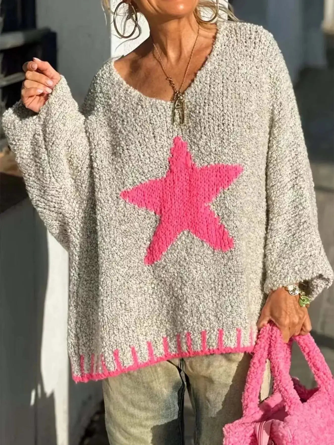 Star V-Neck Long Sleeve Sweater - Plush Fashion Hub