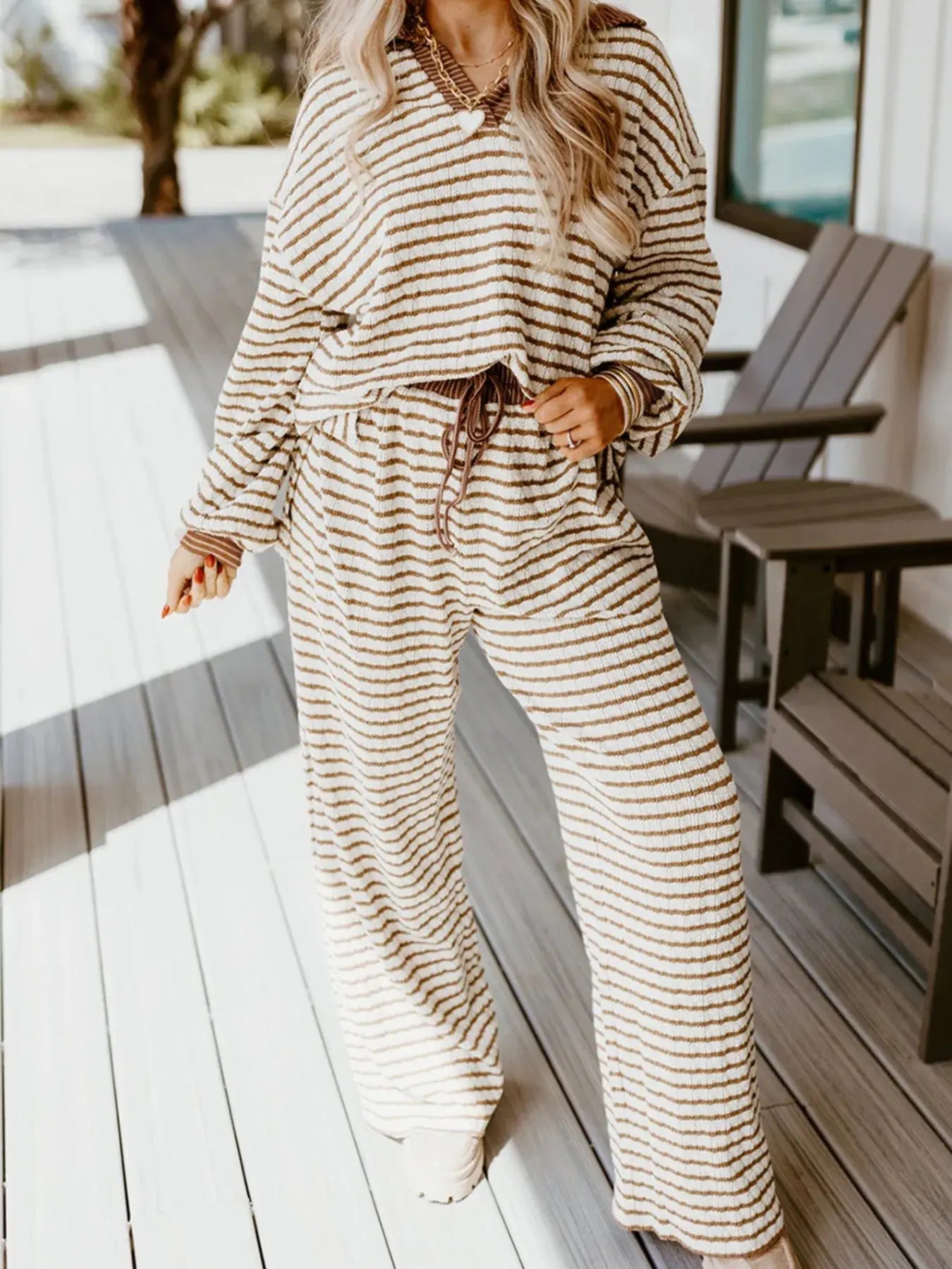 Stripe Collared Top and Drawstring Pant Set - Plush Fashion Hub