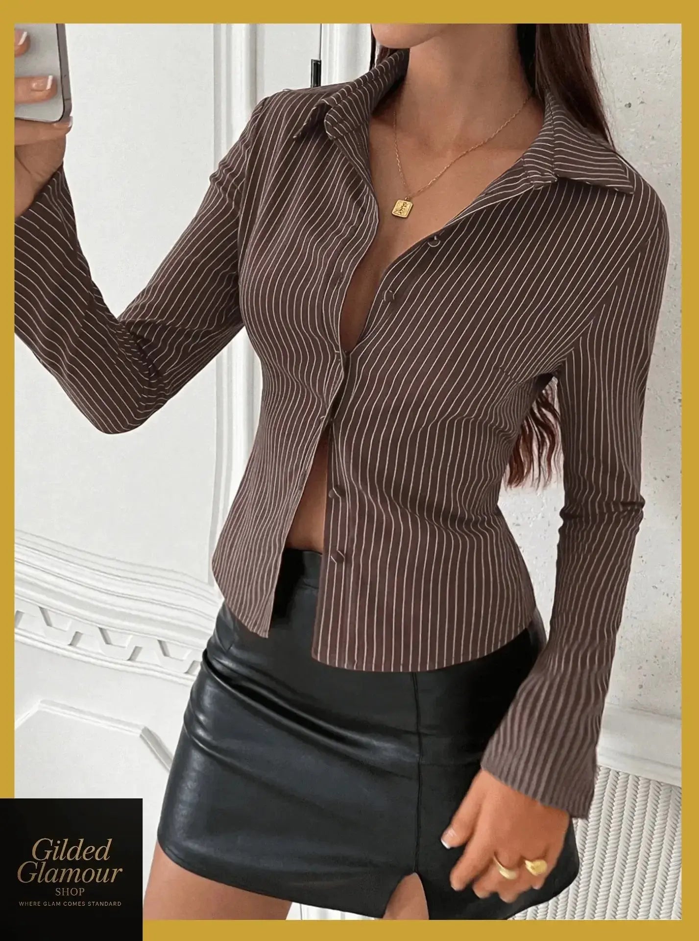 Plush Fashion Hub classic striped long sleeve button-up shirt, versatile stretch workwear with a stylish design.