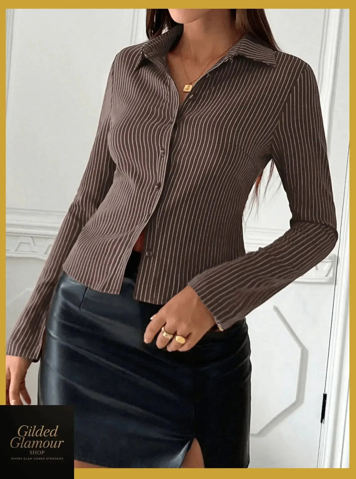 Plush Fashion Hub classic striped long sleeve button-up shirt with stretch fabric, ideal for versatile workwear and casual wear.