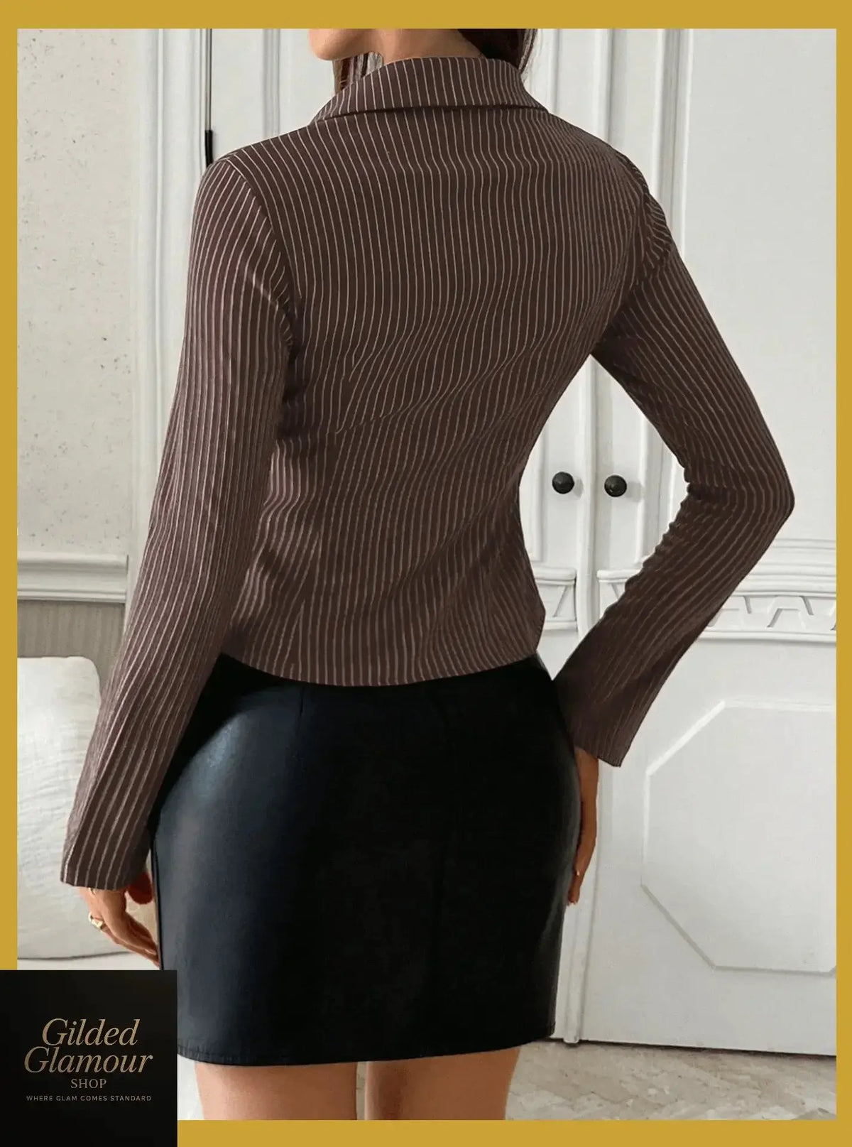 Plush Fashion Hub classic striped long sleeve button-up shirt with stretch fabric, perfect for versatile workwear or casual wear.