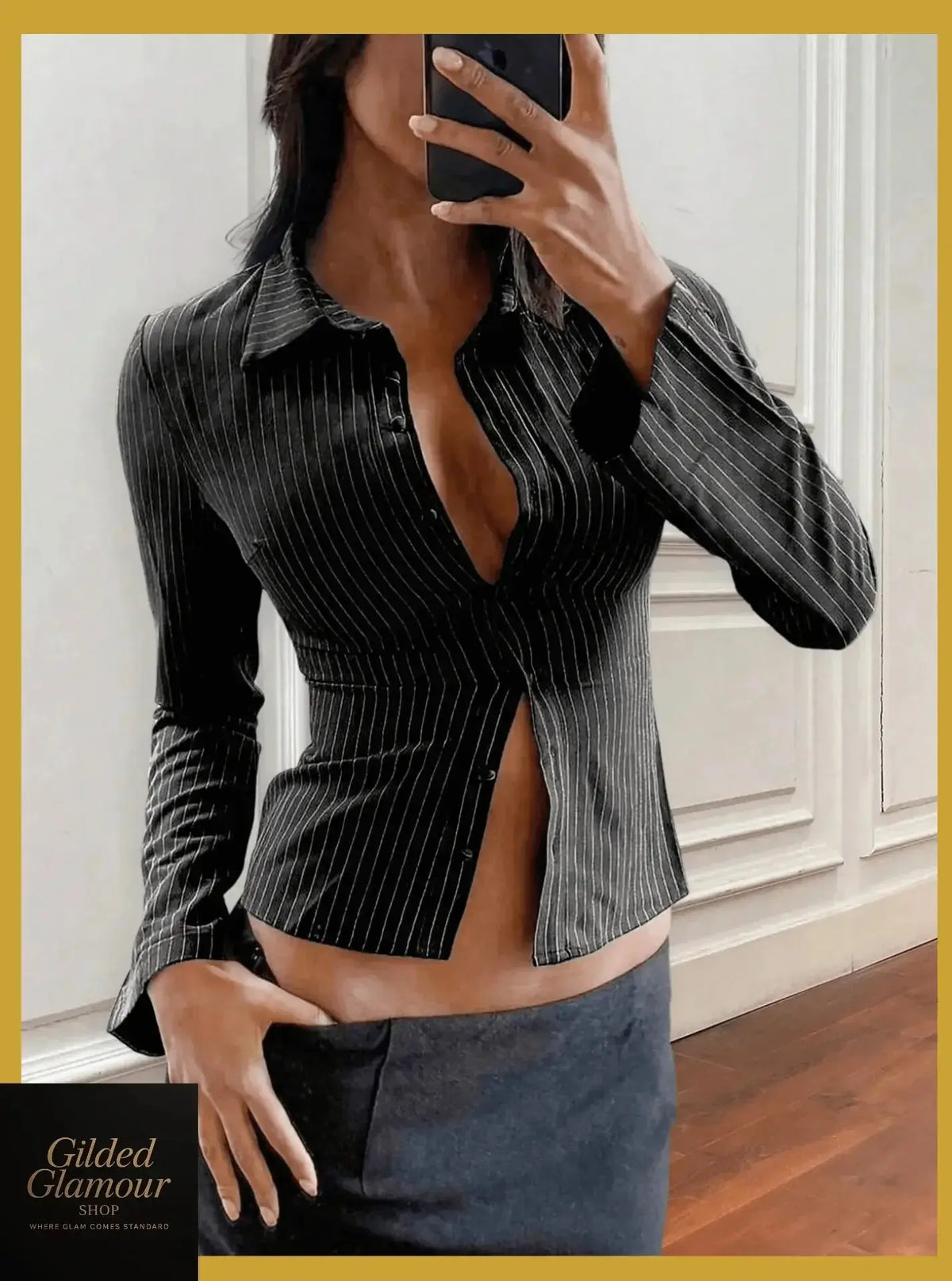 Plush Fashion Hub classic striped long sleeve button-up shirt, versatile stretch workwear with a stylish pattern.