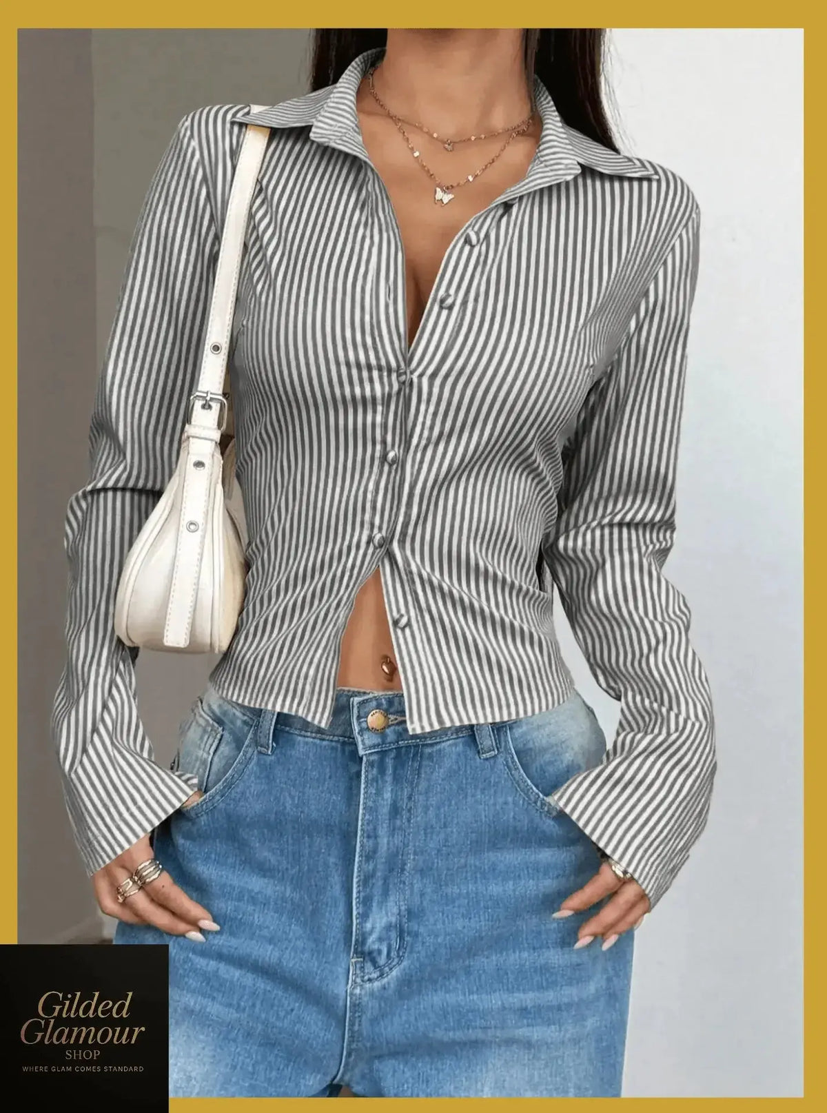 Plush Fashion Hub classic striped long sleeve button-up shirt featuring a versatile stretch fabric, suitable for workwear and casual wear.