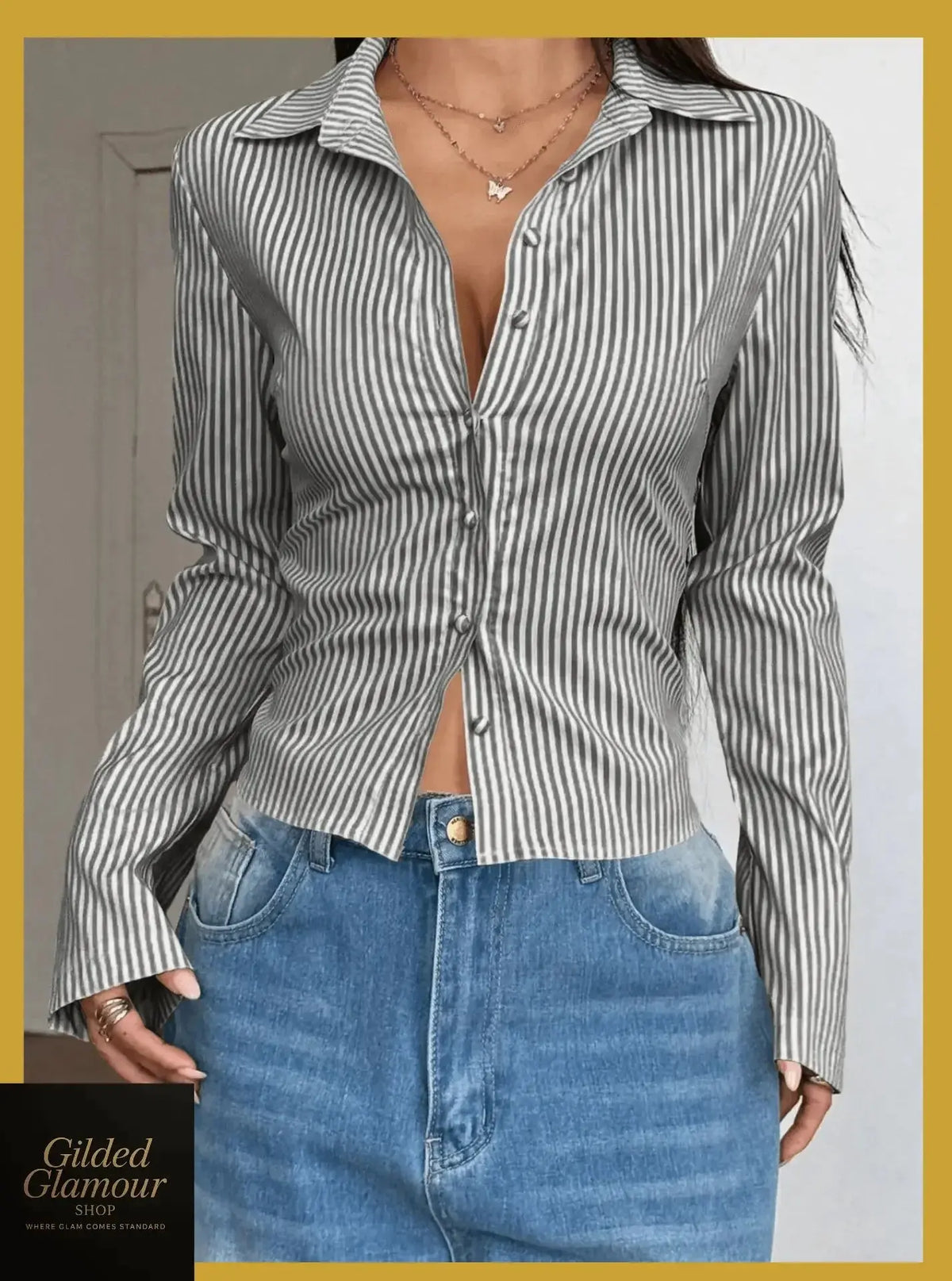 Plush Fashion Hub classic striped long sleeve button-up shirt with stretch fabric, versatile workwear for professional or casual wear.