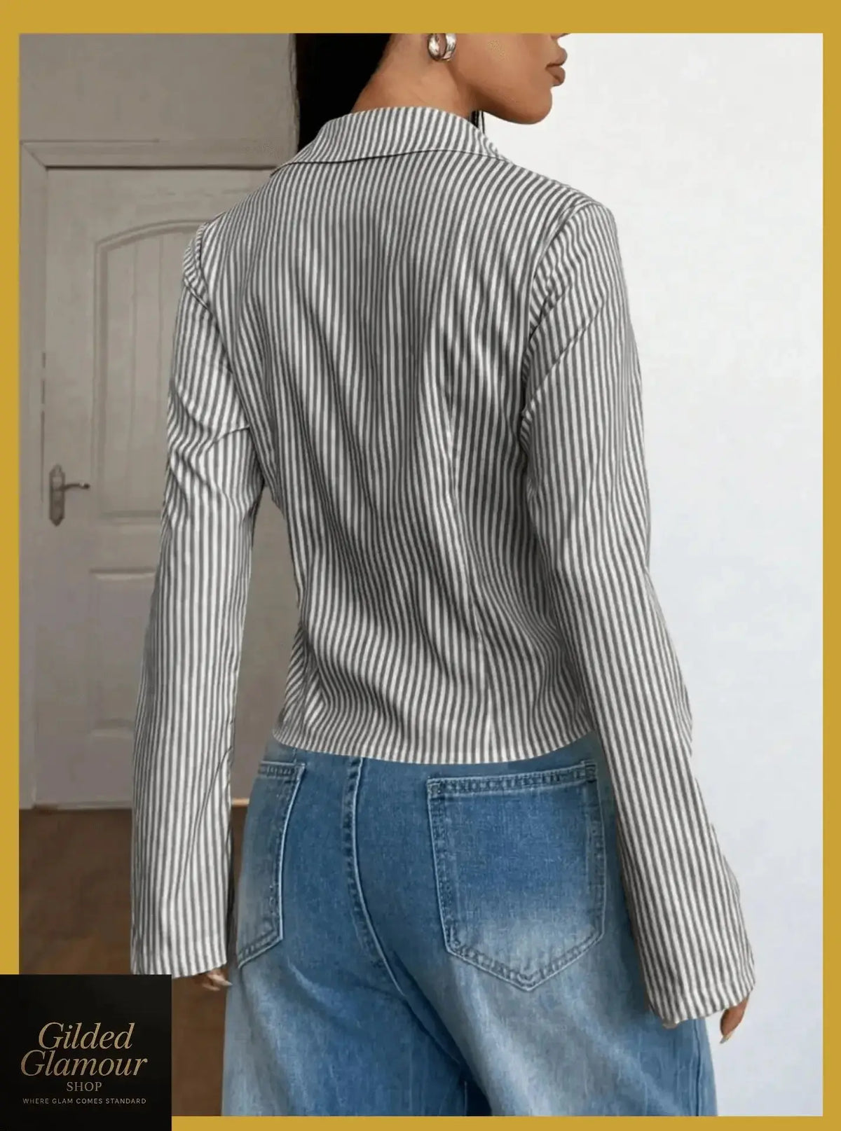 Plush Fashion Hub classic striped long sleeve button-up shirt with stretch fabric, ideal for versatile workwear and casual wear.