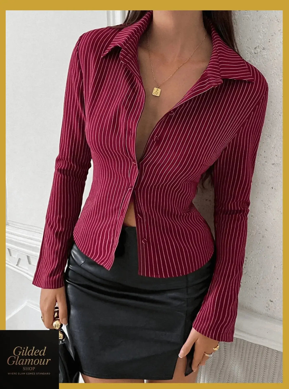 Plush Fashion Hub classic striped long sleeve button-up shirt with stretch fabric, ideal for versatile workwear and casual wear.