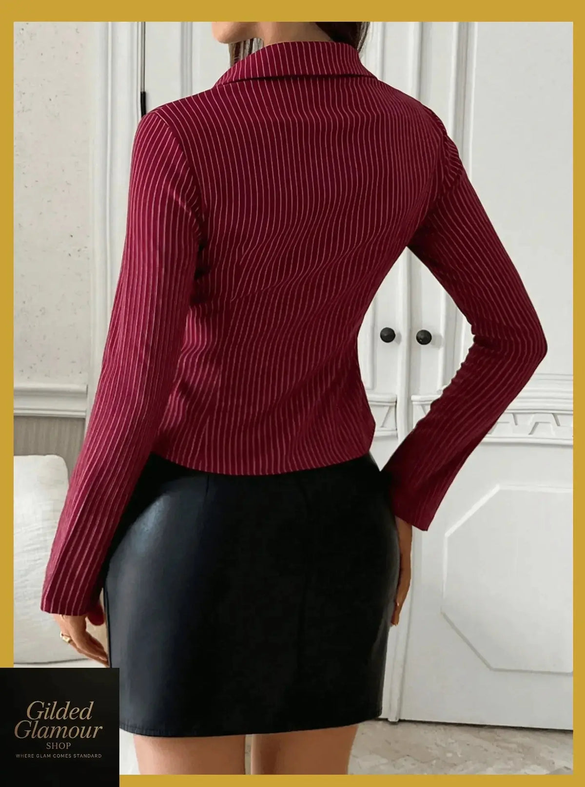 Plush Fashion Hub classic striped long sleeve button-up shirt, versatile stretch workwear, featuring a stylish striped pattern.