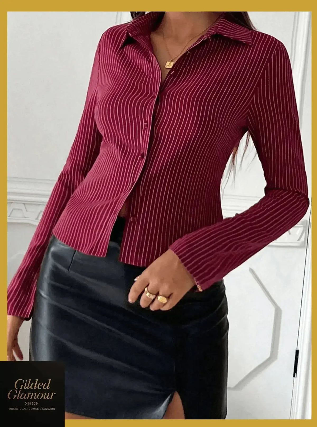 Plush Fashion Hub classic striped long sleeve button-up shirt, versatile stretch workwear, shown with collar and button details.