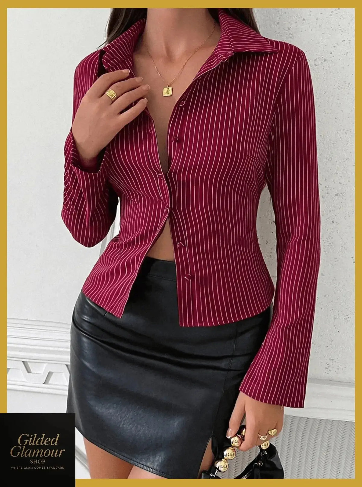 Plush Fashion Hub classic striped long sleeve button-up shirt with stretch fabric, suitable for workwear and casual styling.