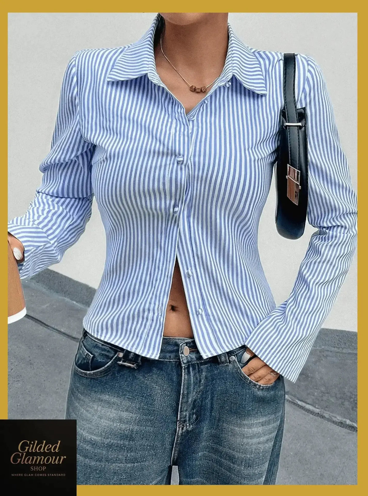 Plush Fashion Hub classic striped long sleeve button-up shirt with stretch fabric, suitable for versatile workwear and stylish casual wear.