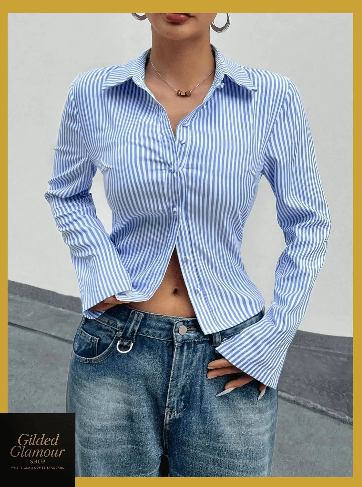 Plush Fashion Hub classic striped long sleeve button-up shirt with stretch fabric, versatile workwear style, and tailored fit.