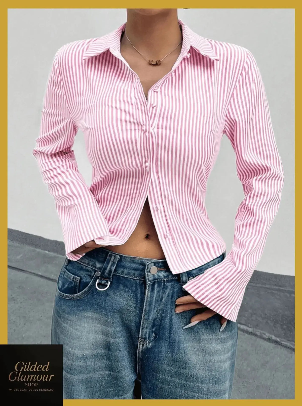 Plush Fashion Hub classic striped long sleeve button-up shirt, versatile stretch workwear with stylish vertical stripes.
