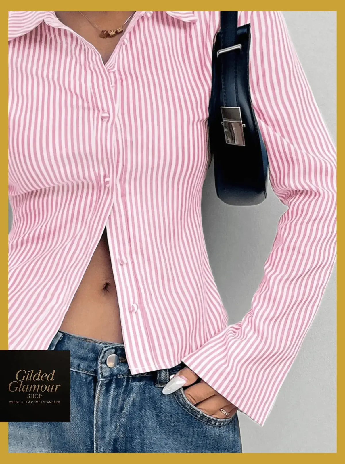 Plush Fashion Hub classic striped long sleeve button-up shirt made of stretch workwear fabric, suitable for versatile casual or professional wear.