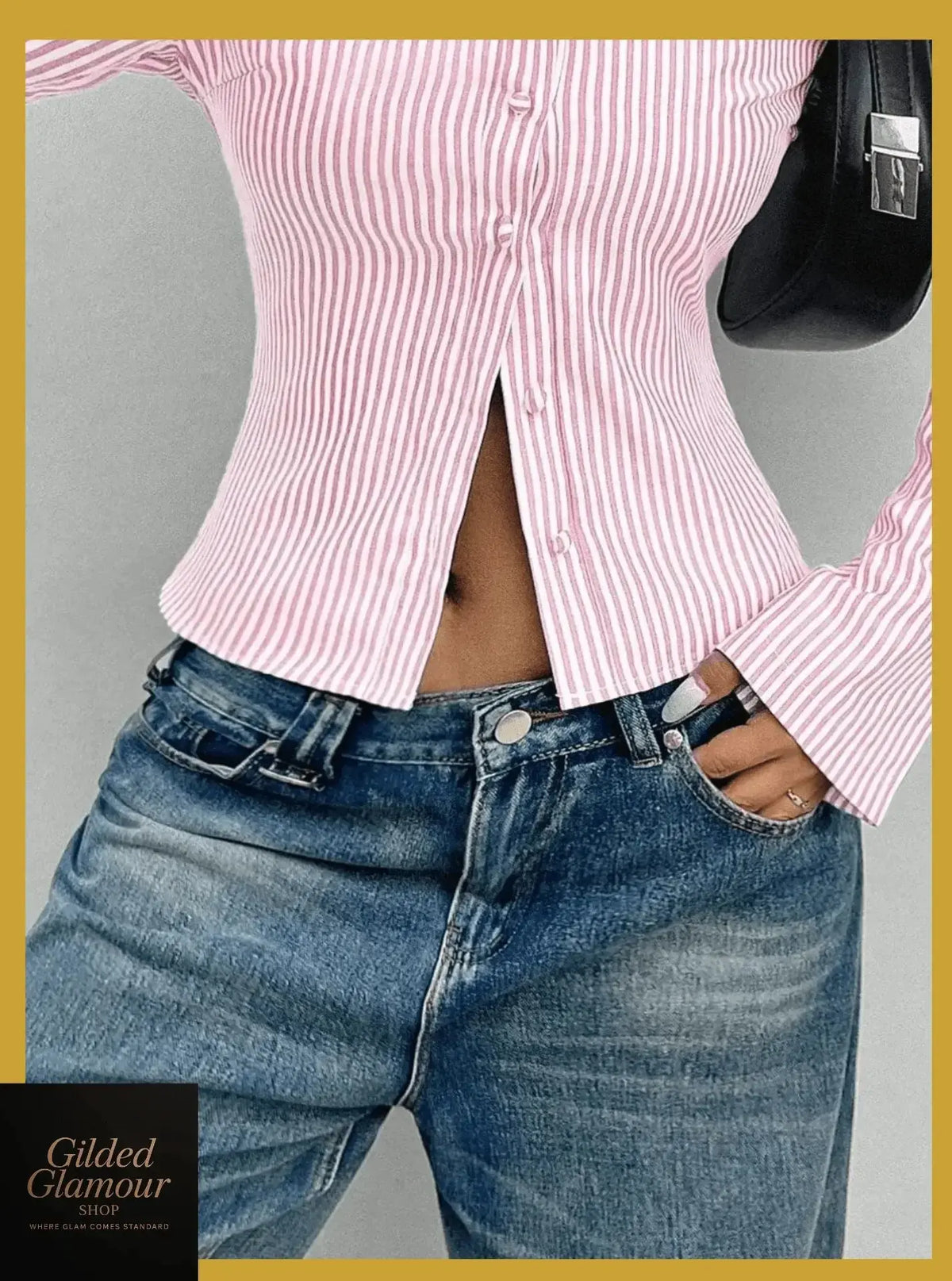 Plush Fashion Hub classic striped long sleeve button-up shirt with stretch fabric, ideal for versatile workwear and casual styles.
