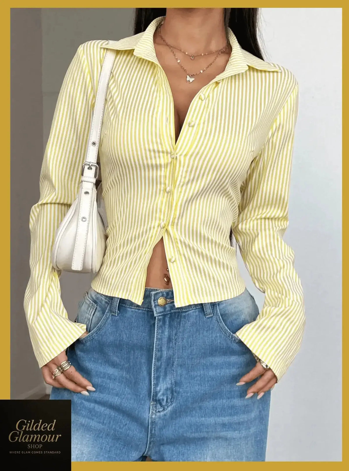 Striped long sleeve button-up shirt by Plush Fashion Hub, featuring versatile stretch fabric and classic design for workwear or casual wear.