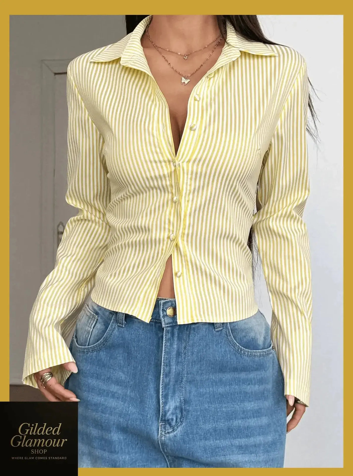 Plush Fashion Hub classic striped long sleeve button-up shirt with stretch fabric, ideal for versatile workwear and casual styles.