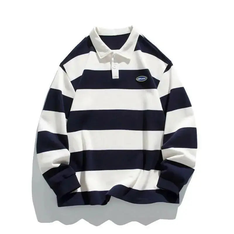 Striped cotton long sleeve polo shirt by Plush Fashion Hub, featuring a smart casual design and comfortable fit.