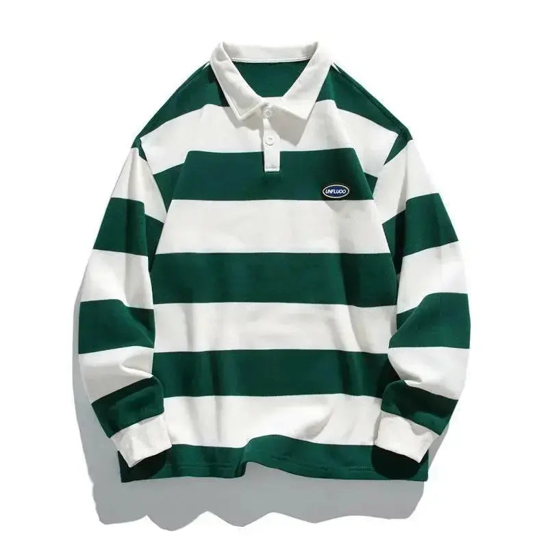 Striped cotton long sleeve polo shirt by Plush Fashion Hub, showcasing a smart casual design with classic stripes and a comfortable fit.