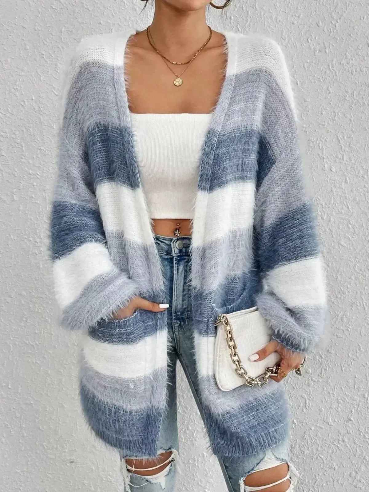 Cozy plush striped fuzzy knit open front cardigan with pockets, stylish sweater by Plush Fashion Hub.