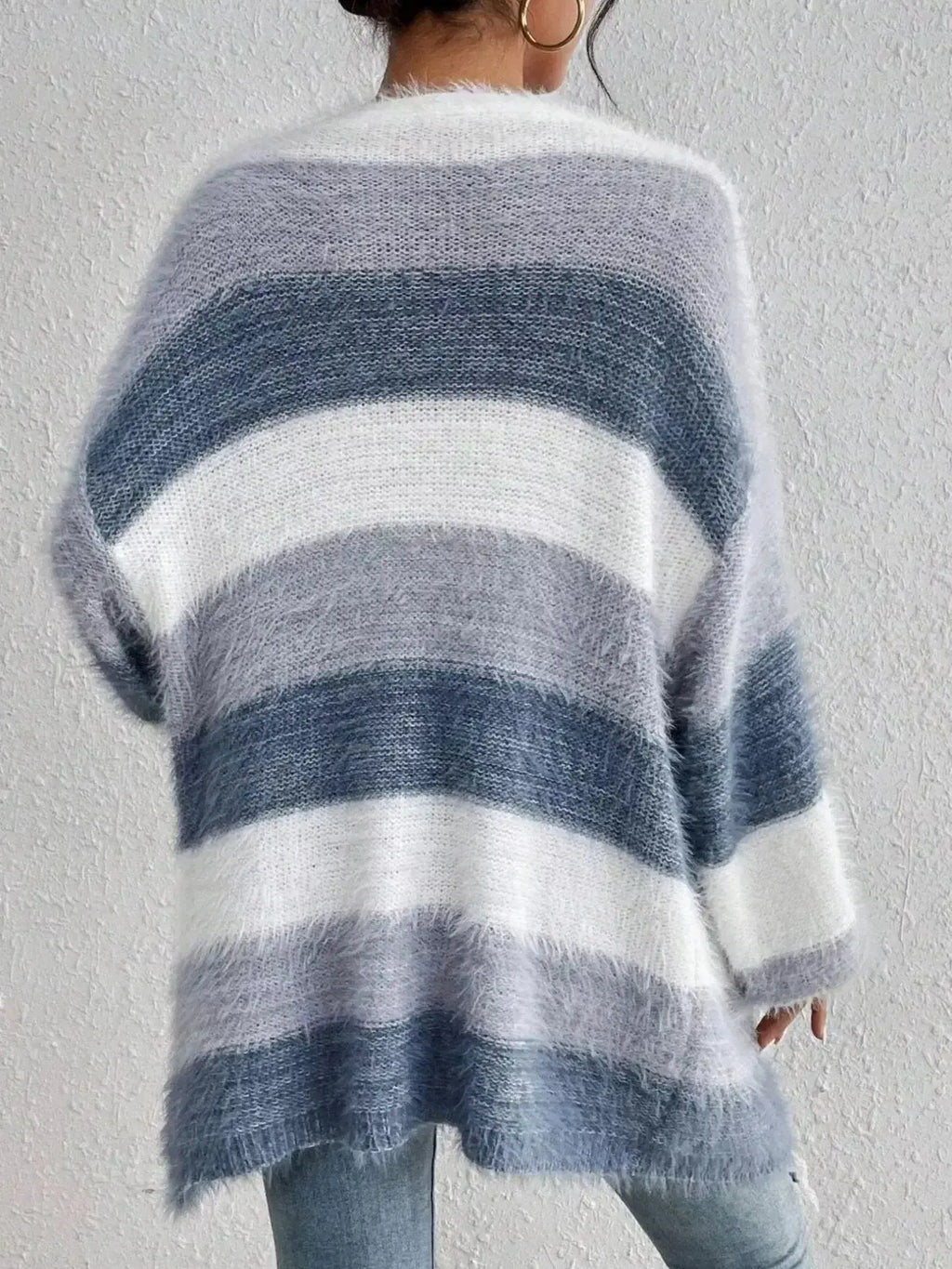 Striped fuzzy knit open front cardigan with pockets, cozy layering sweater by Plush Fashion Hub, featuring soft, comfortable fabric.