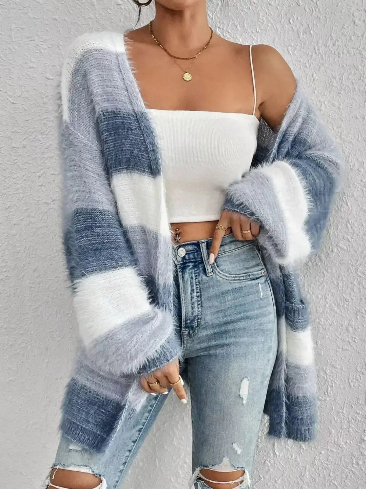 Cozy plush fashion hub striped fuzzy knit open front cardigan with pockets, perfect for casual wear and layering.