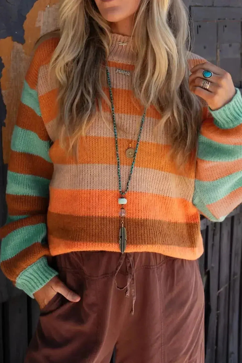Women’s rainbow striped long sleeve knit sweater by Plush Fashion Hub, soft crewneck pullover with colorful horizontal stripes.