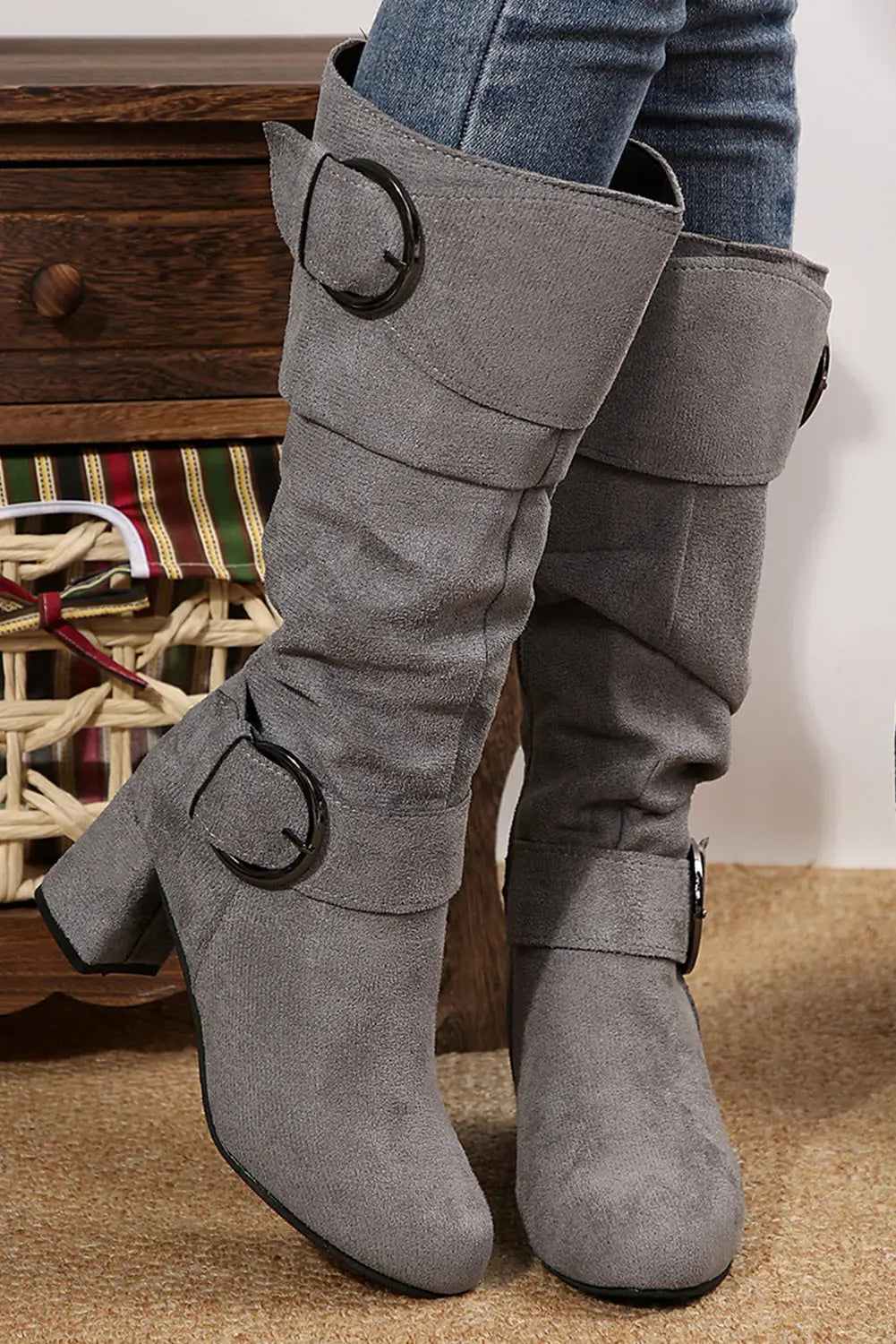 Suede Double Buckled Side Zipped Mid-calf Boots Threaded Pear