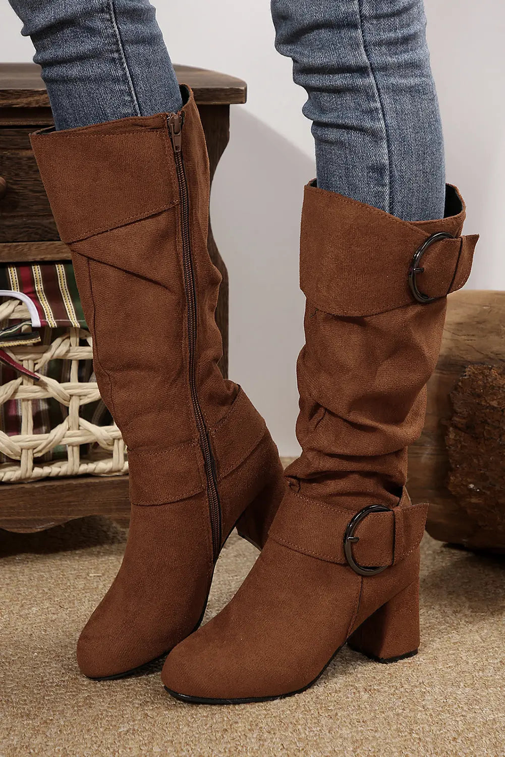Suede Double Buckled Side Zipped Mid-calf Boots Threaded Pear