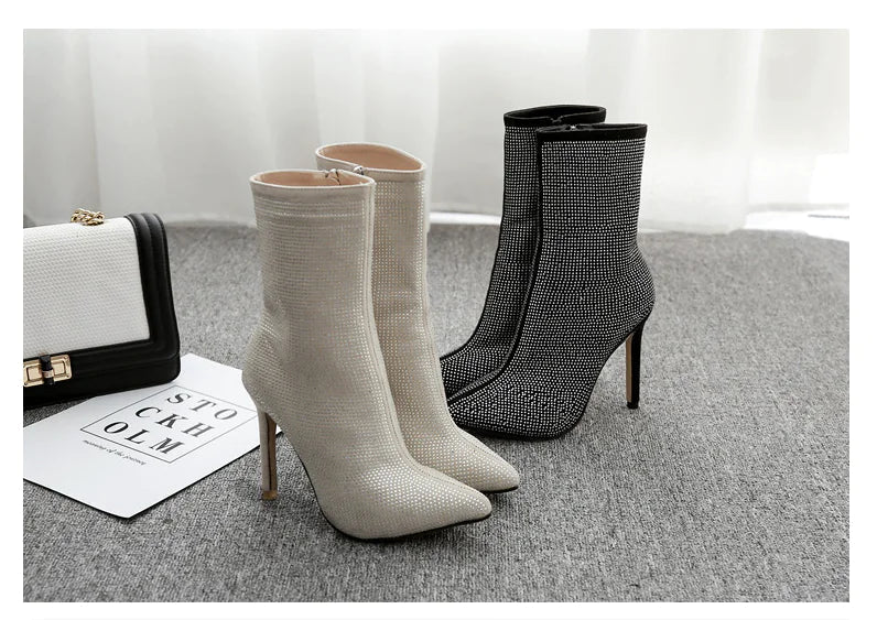 Women rhinestone high heel boots with pointed toe, stylish and glamorous footwear by Trendy Attic Store01.
