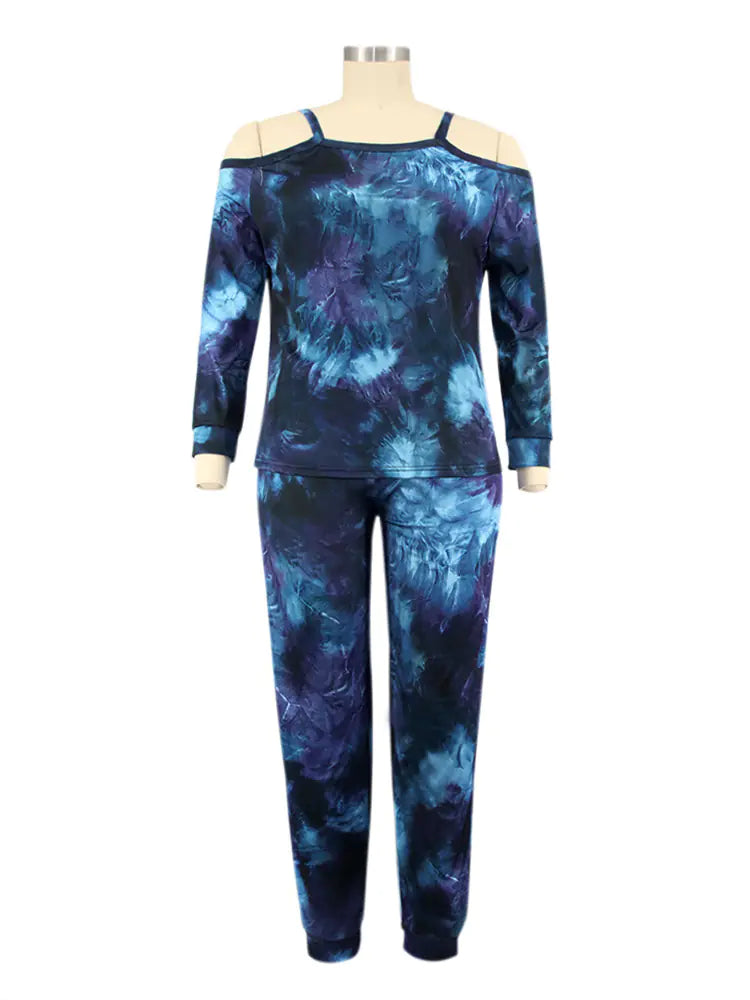 Plus size women's off-shoulder tie-dye casual suit featuring a relaxed fit and stylish design, perfect for everyday wear.