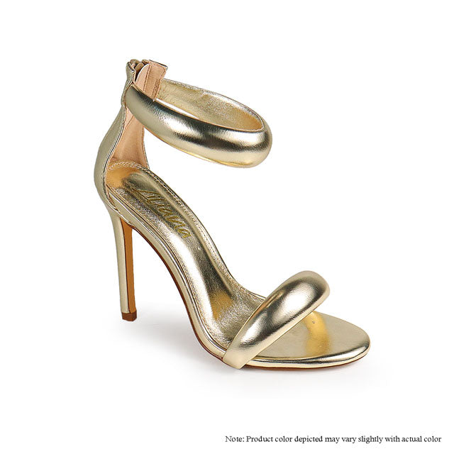 Gold Tisha-112 heels by The House of Stylez, stylish footwear with a sleek design, shown from an angled view.