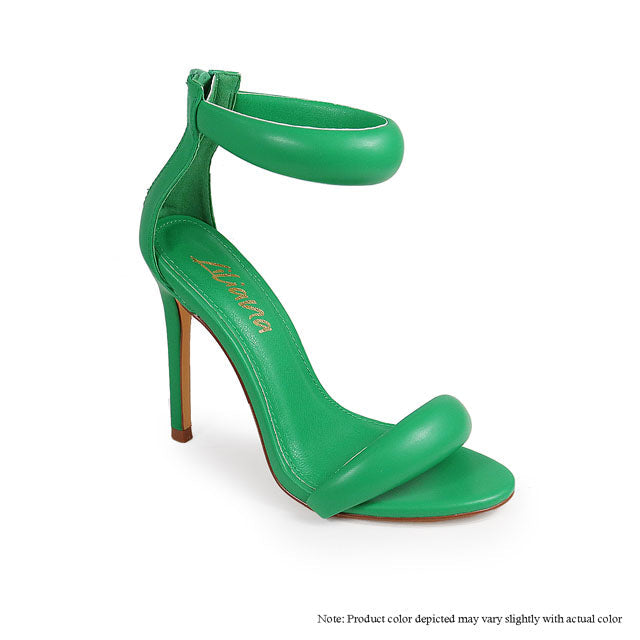 Green Tisha-112 heels by The House of Stylez displayed from an angled side view. Elegant high-heeled footwear for women.