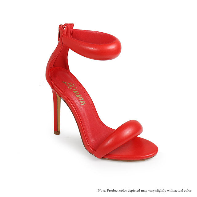 Red Tisha-112 heels from The House of Stylez displayed at an angle showing the stylish heel and elegant design.