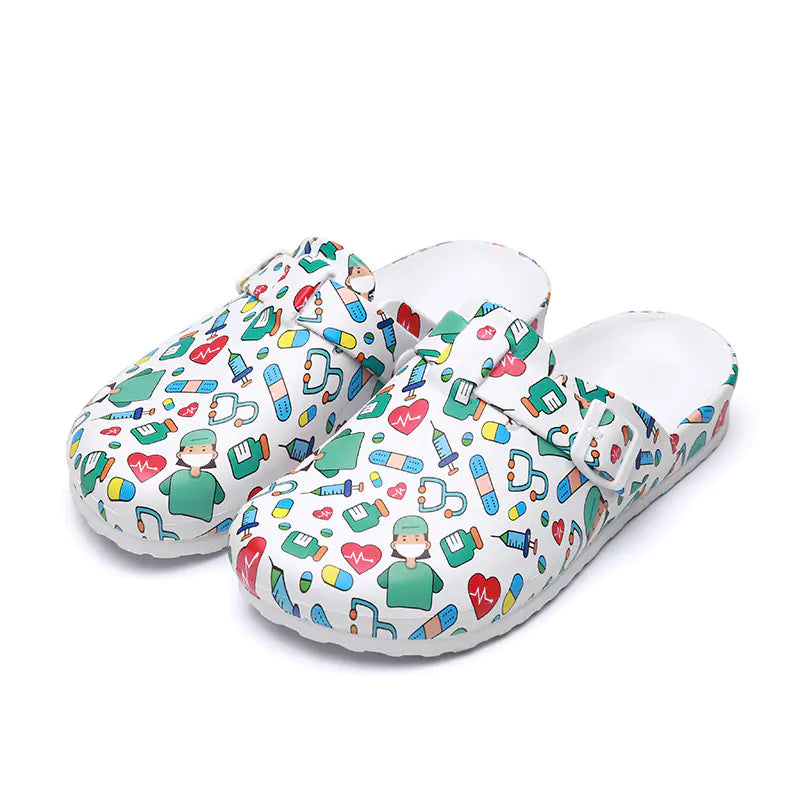 Cartoon nurse-themed women's sandals featuring colorful, playful designs perfect for casual wear and comfortable summer footwear.
