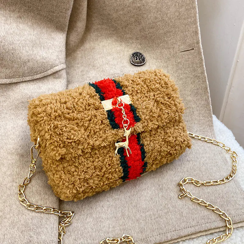 Hand-woven fleece-lined plush one-shoulder purse for women, featuring soft fabric and stylish design from Trendy Attic Store01.
