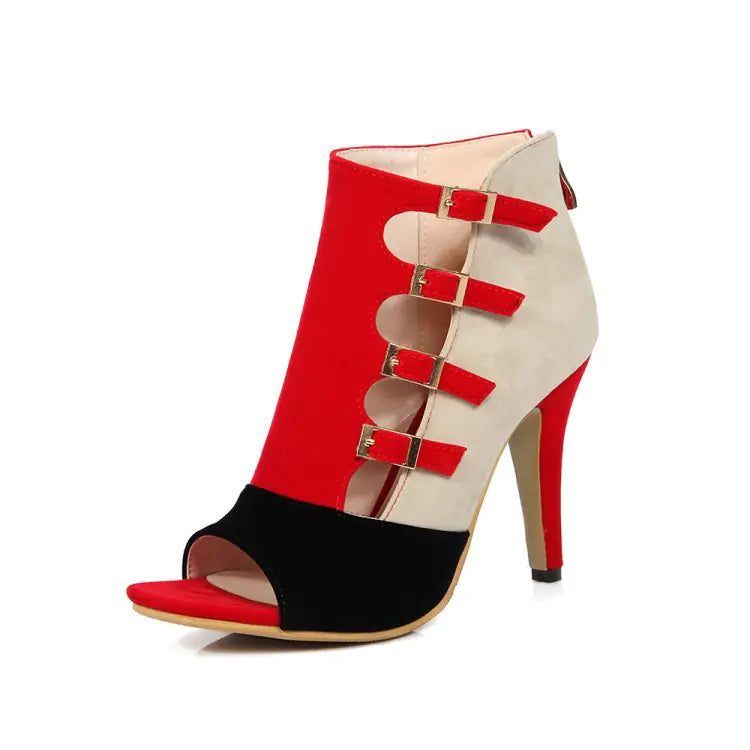Women's color-block buckle peep-toe high heels from Trendy Attic Store01, showcasing stylish design and vibrant color accents.