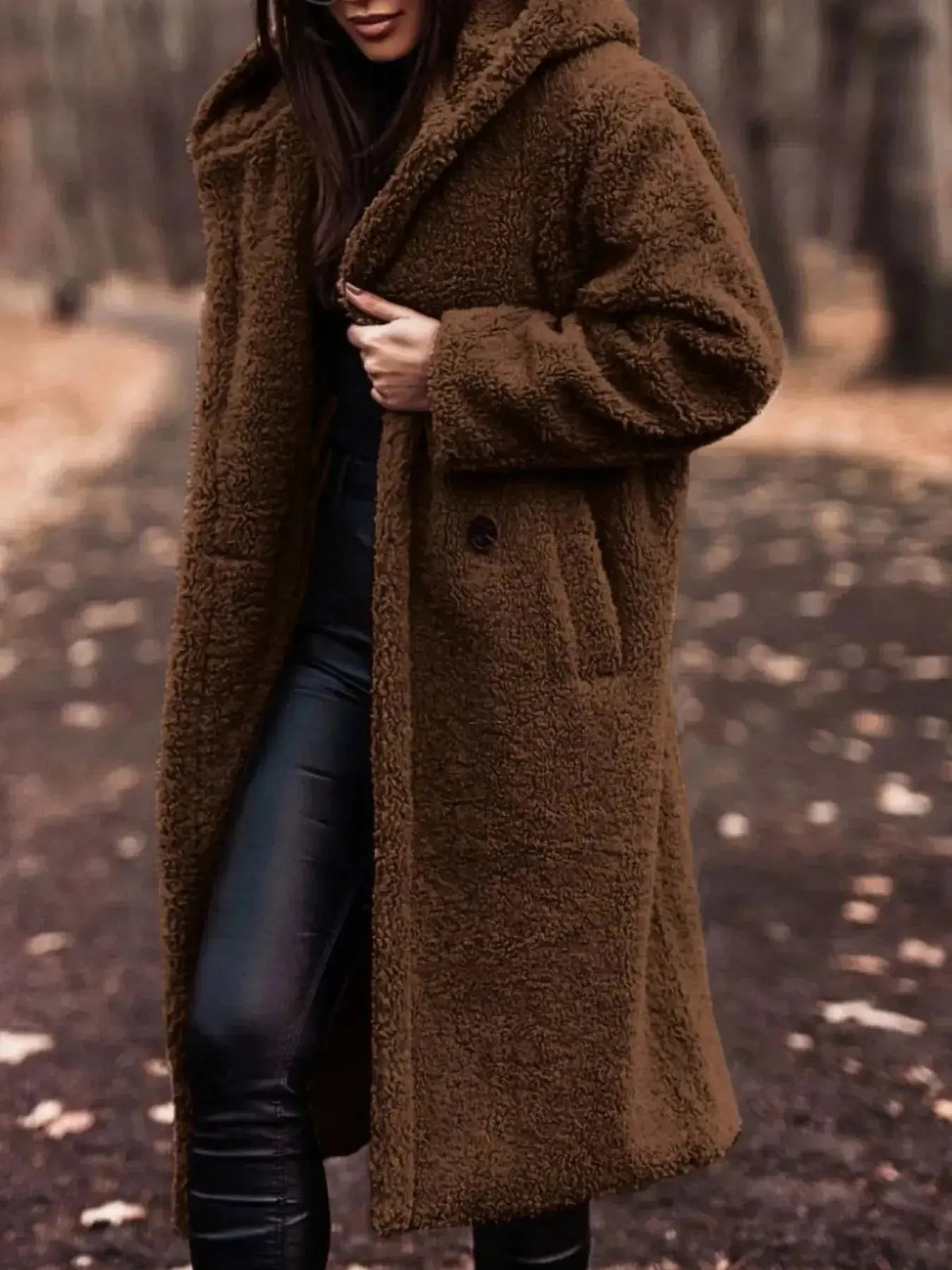 Lightweight plush teddy bear hooded longline jacket by Plush Fashion Hub, soft outerwear with cozy, plush teddy bear design and hood.