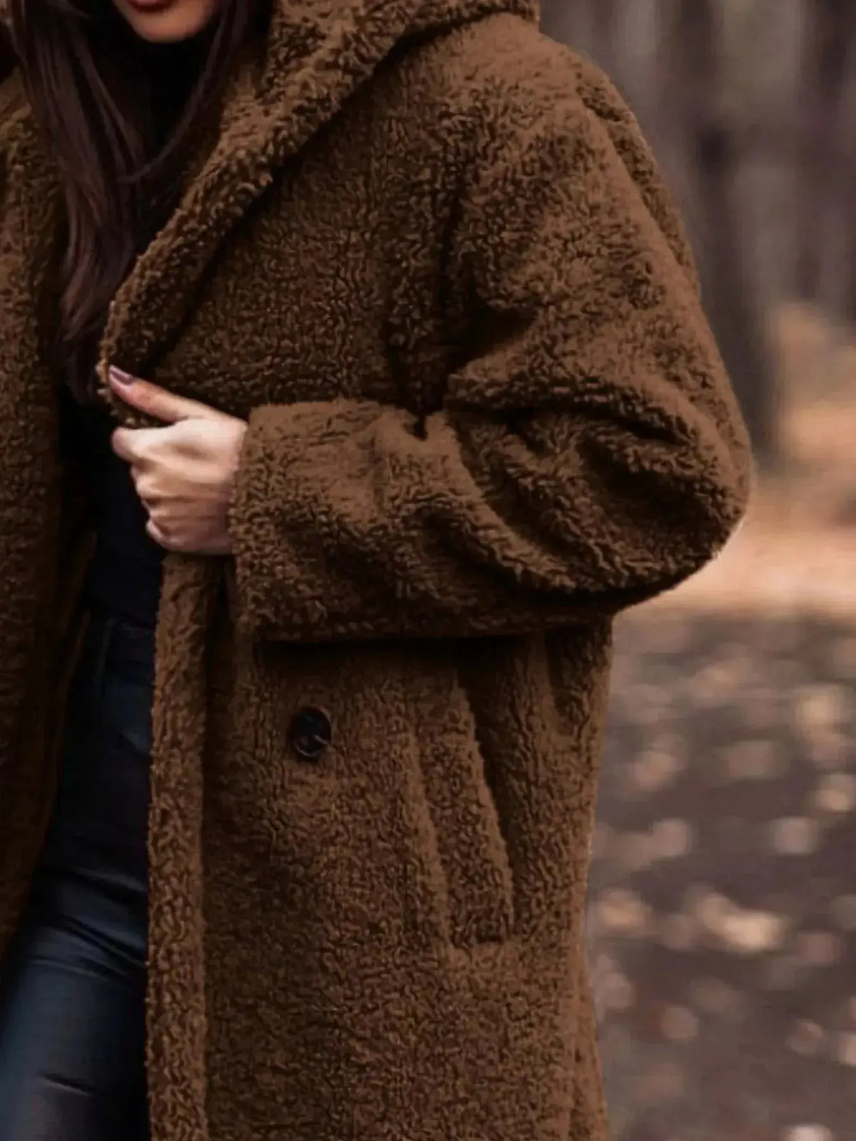 Lightweight plush teddy bear longline hooded jacket by Plush Fashion Hub, cozy outerwear with soft plush fabric and hood.