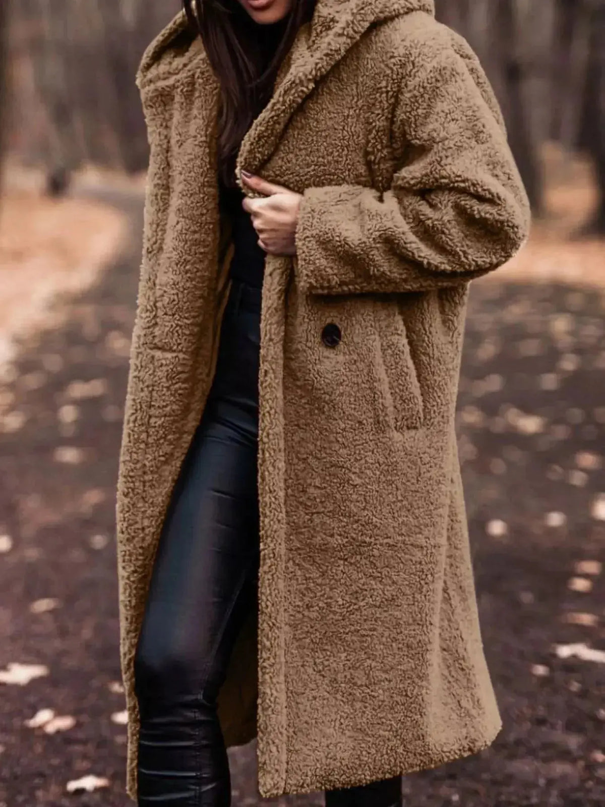 Soft plush teddy bear longline hooded jacket by Plush Fashion Hub, lightweight outerwear with cozy, plush teddy bear design.
