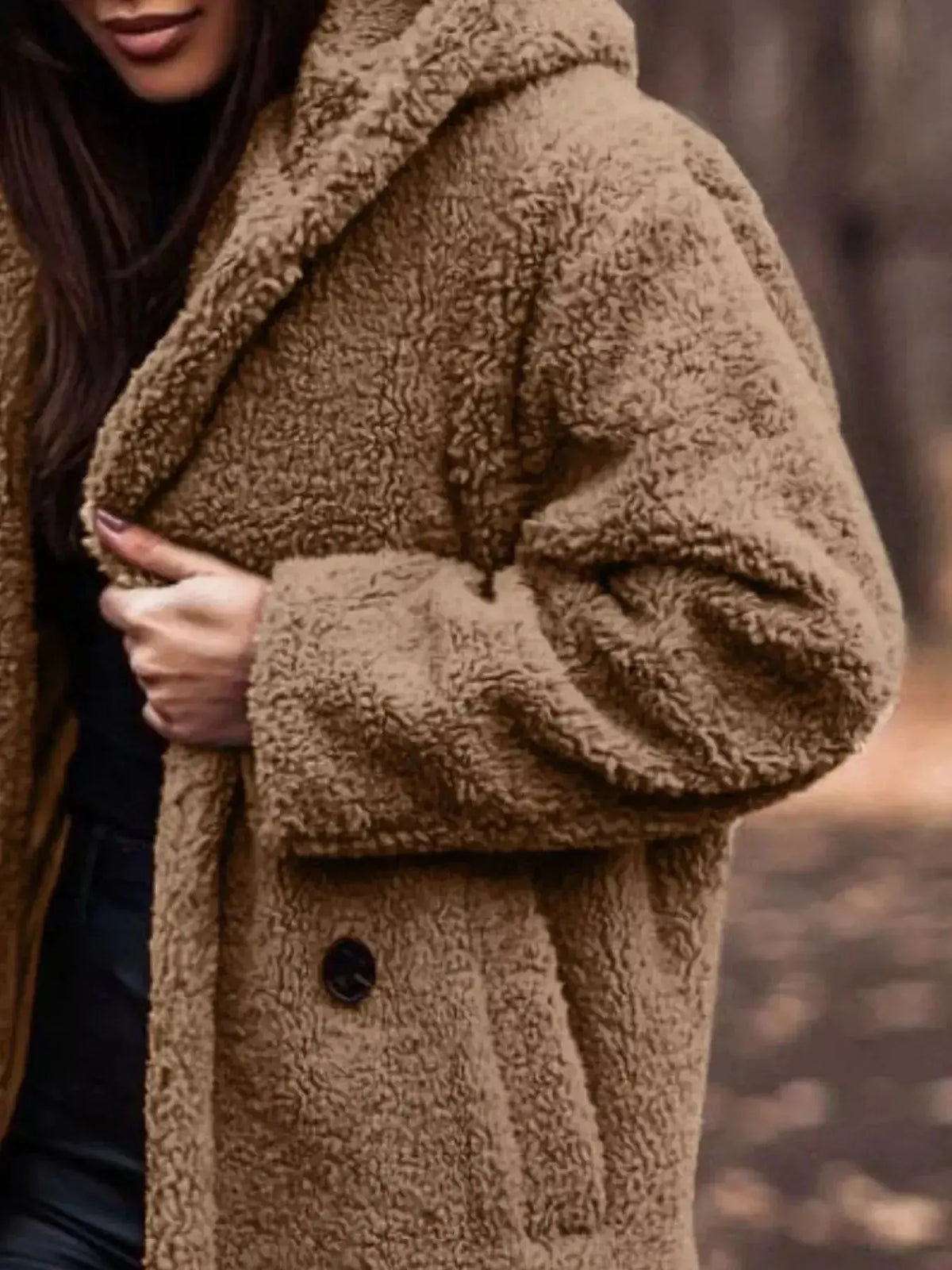 Lightweight plush teddy bear longline hooded jacket from Plush Fashion Hub, cozy outerwear with soft plush fabric and hood.