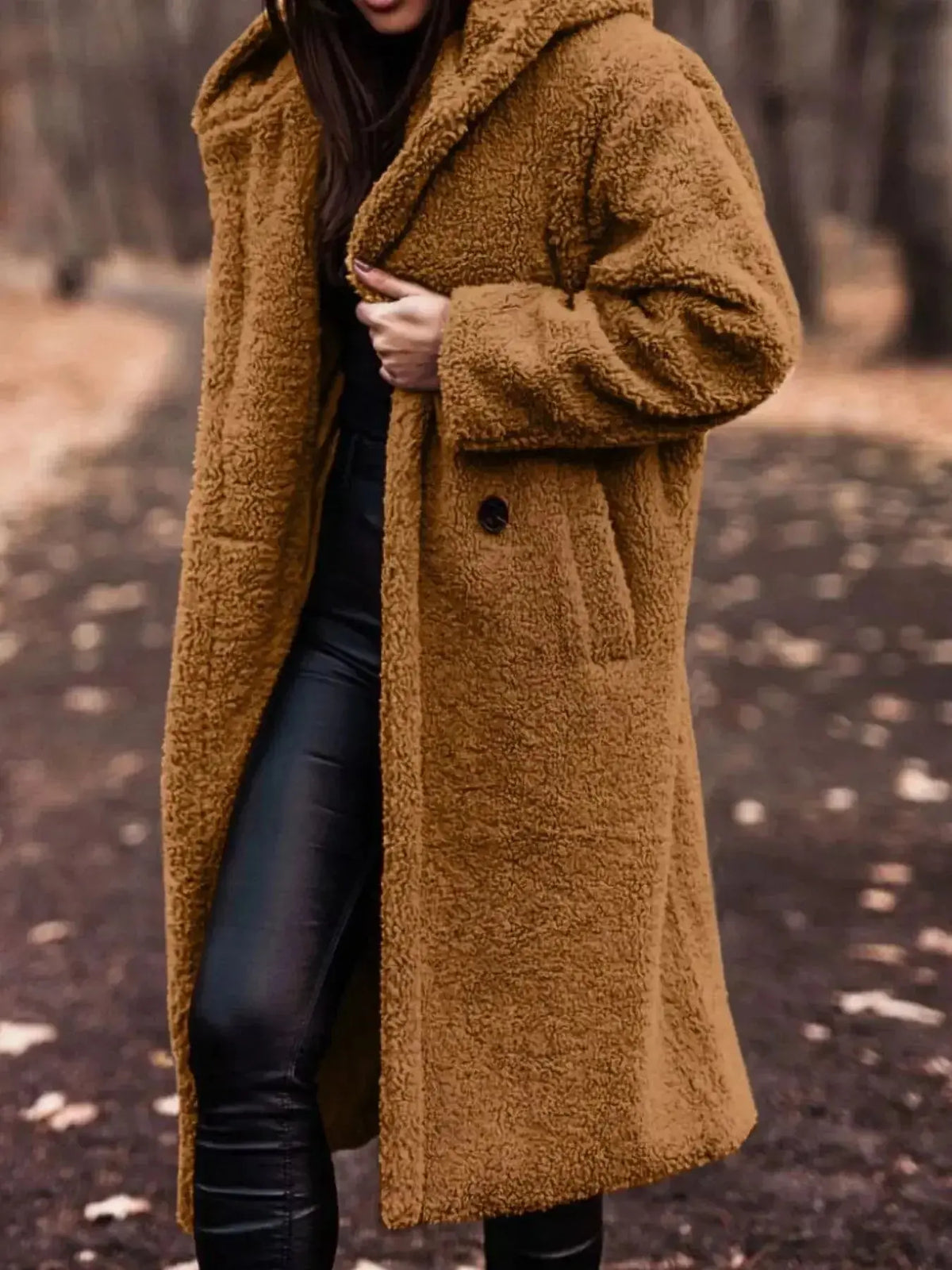 Soft plush teddy bear longline hooded jacket by Plush Fashion Hub, lightweight outerwear with cozy teddy bear design and hood.